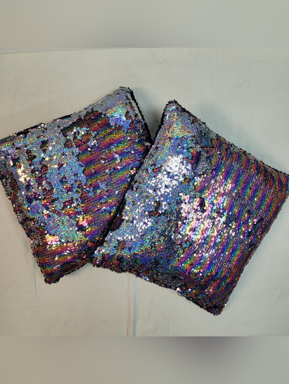 2 Iridescent Reversible Sequin Throw Pillows Mermaid Sparkle Fairy Accent Decor